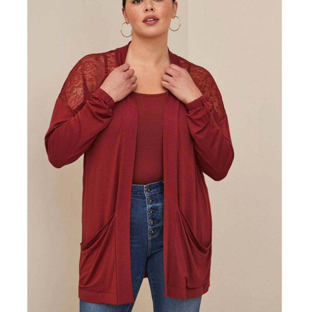 New Torrid 6 (6X 30) Rust Brown Lace Yoke Open Front Super Soft Cardigan Top